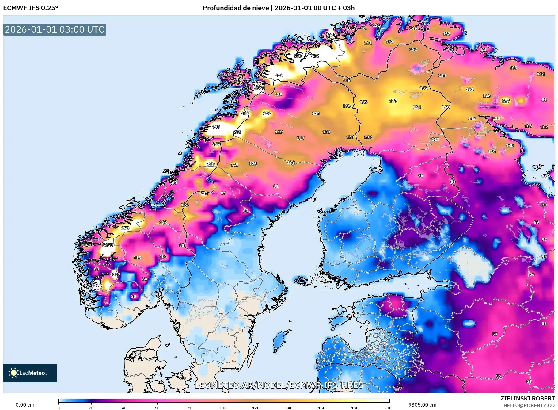 ECMWF IFS 0.25° model - Escandinavia, Profundidad de nieve