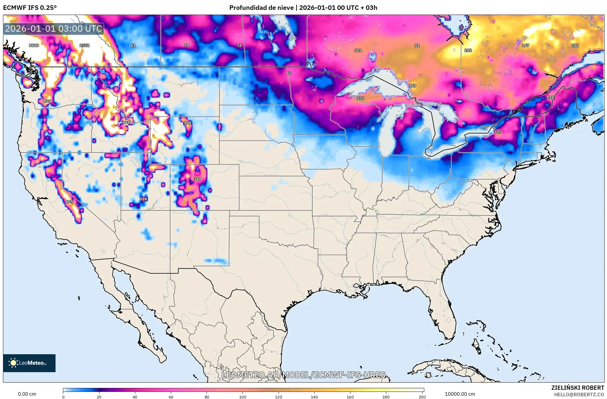 ECMWF IFS 0.25° model - Estados Unidos, Profundidad de nieve