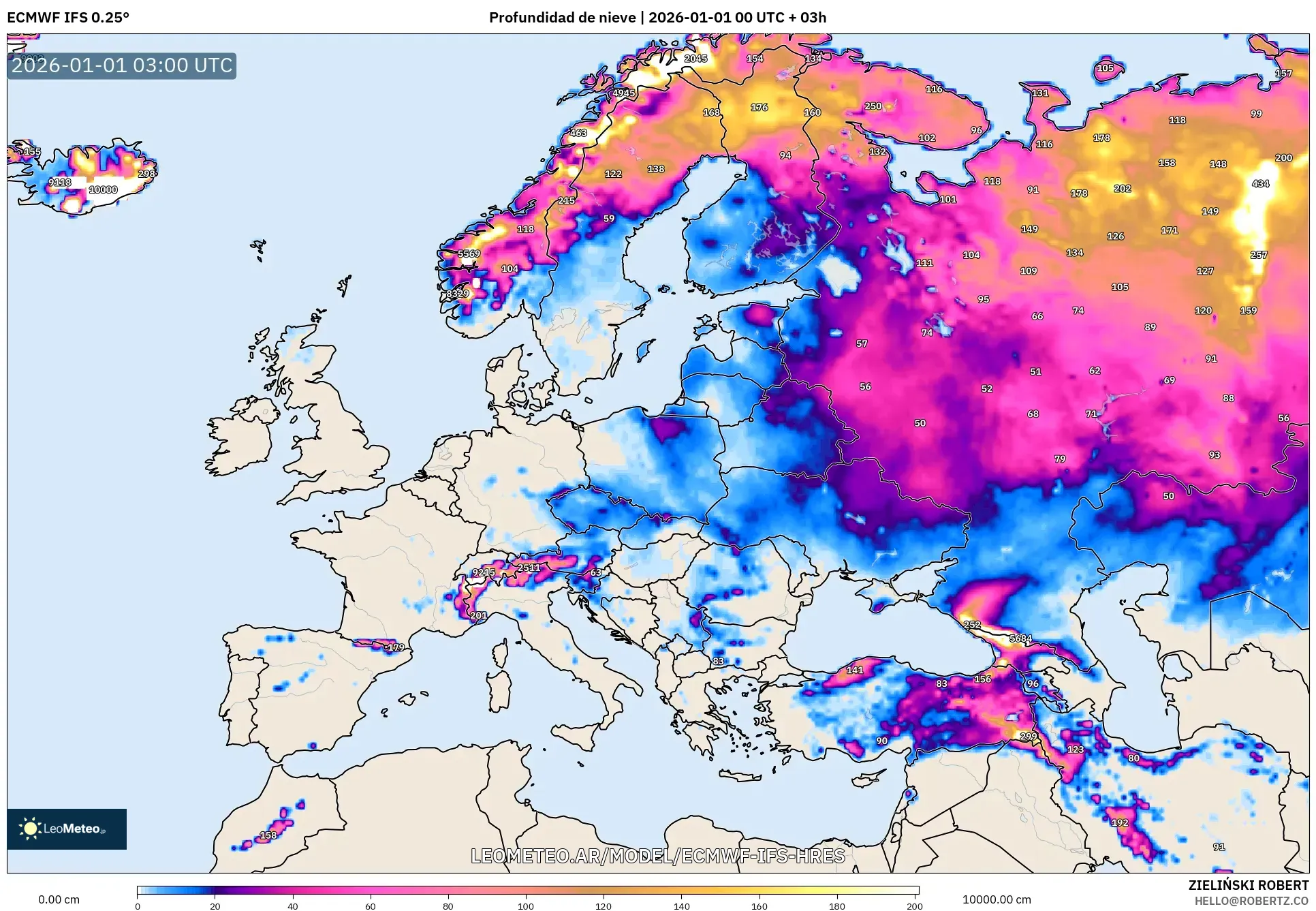 ECMWF IFS 0.25° model - Europa, Profundidad de nieve