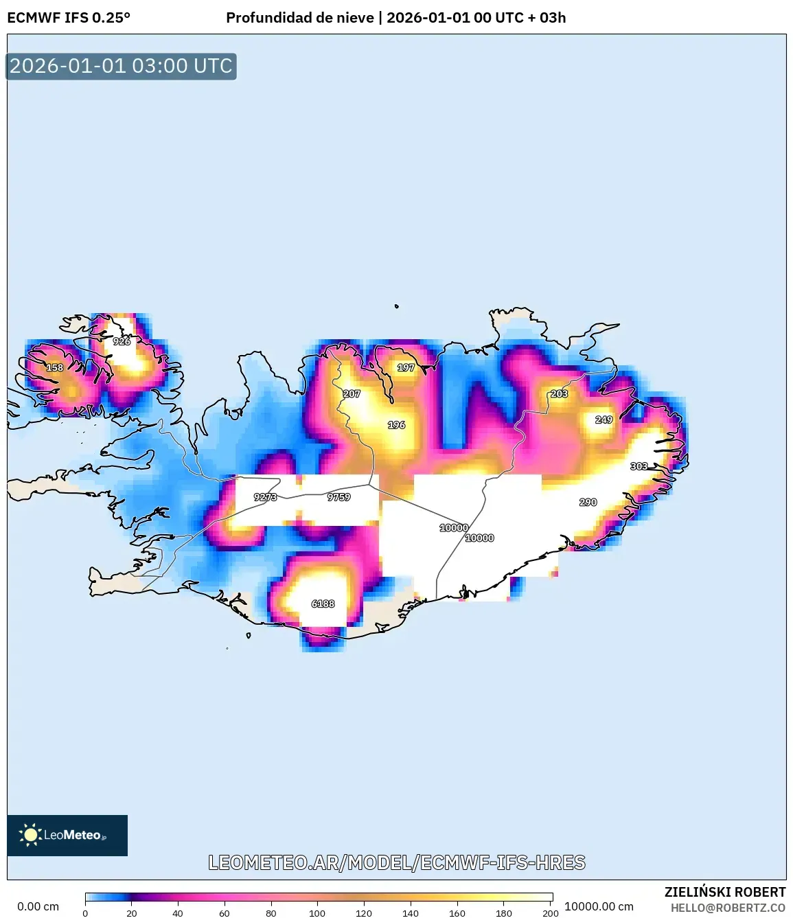 ECMWF IFS 0.25° model - Islandia, Profundidad de nieve