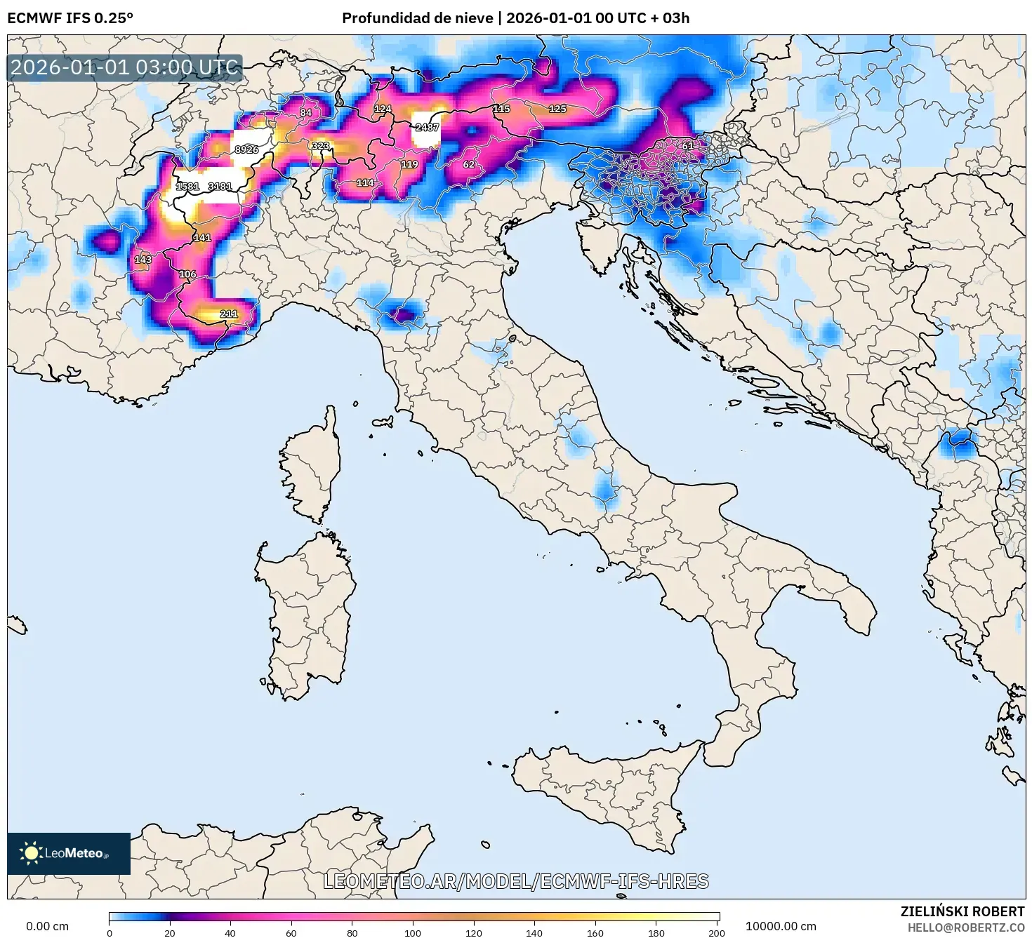 ECMWF IFS 0.25° model - Italia, Profundidad de nieve