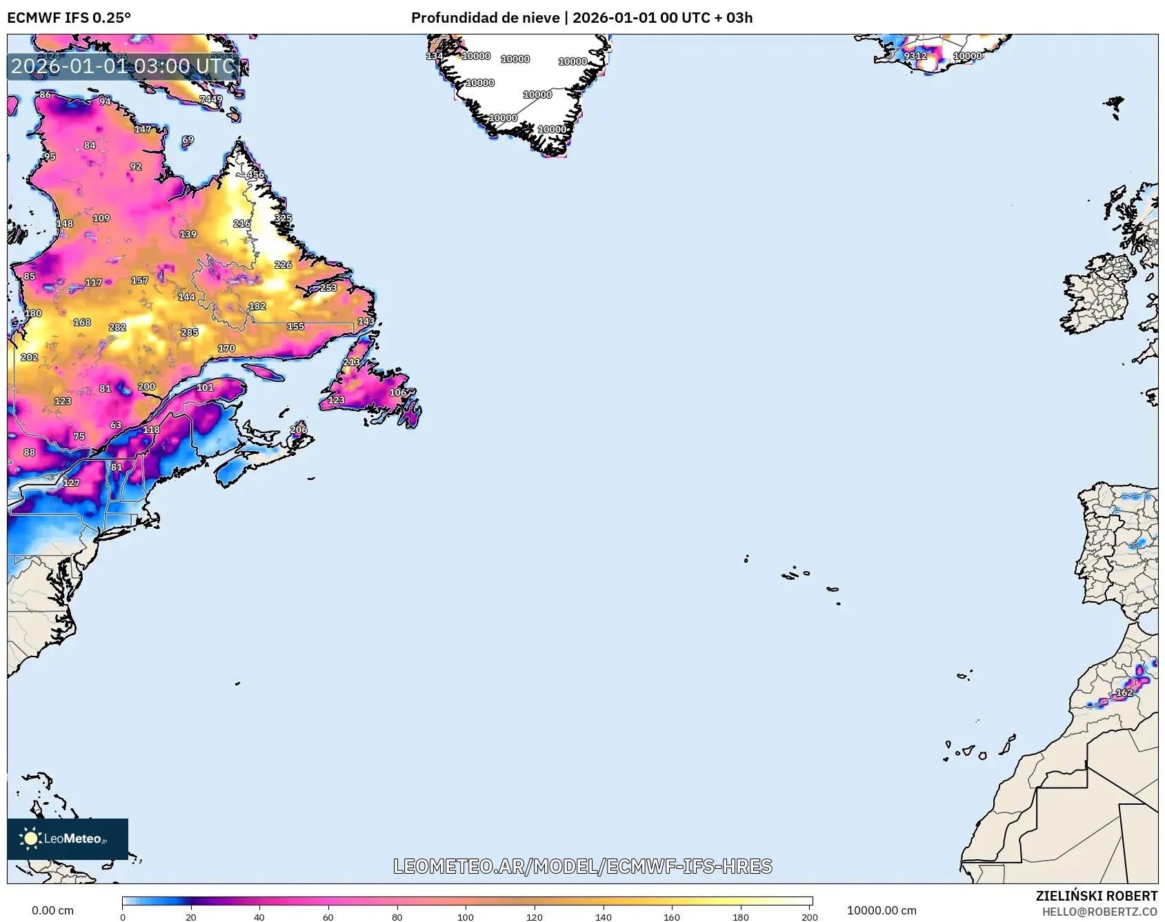 ECMWF IFS 0.25° model - Norte Atlántico, Profundidad de nieve