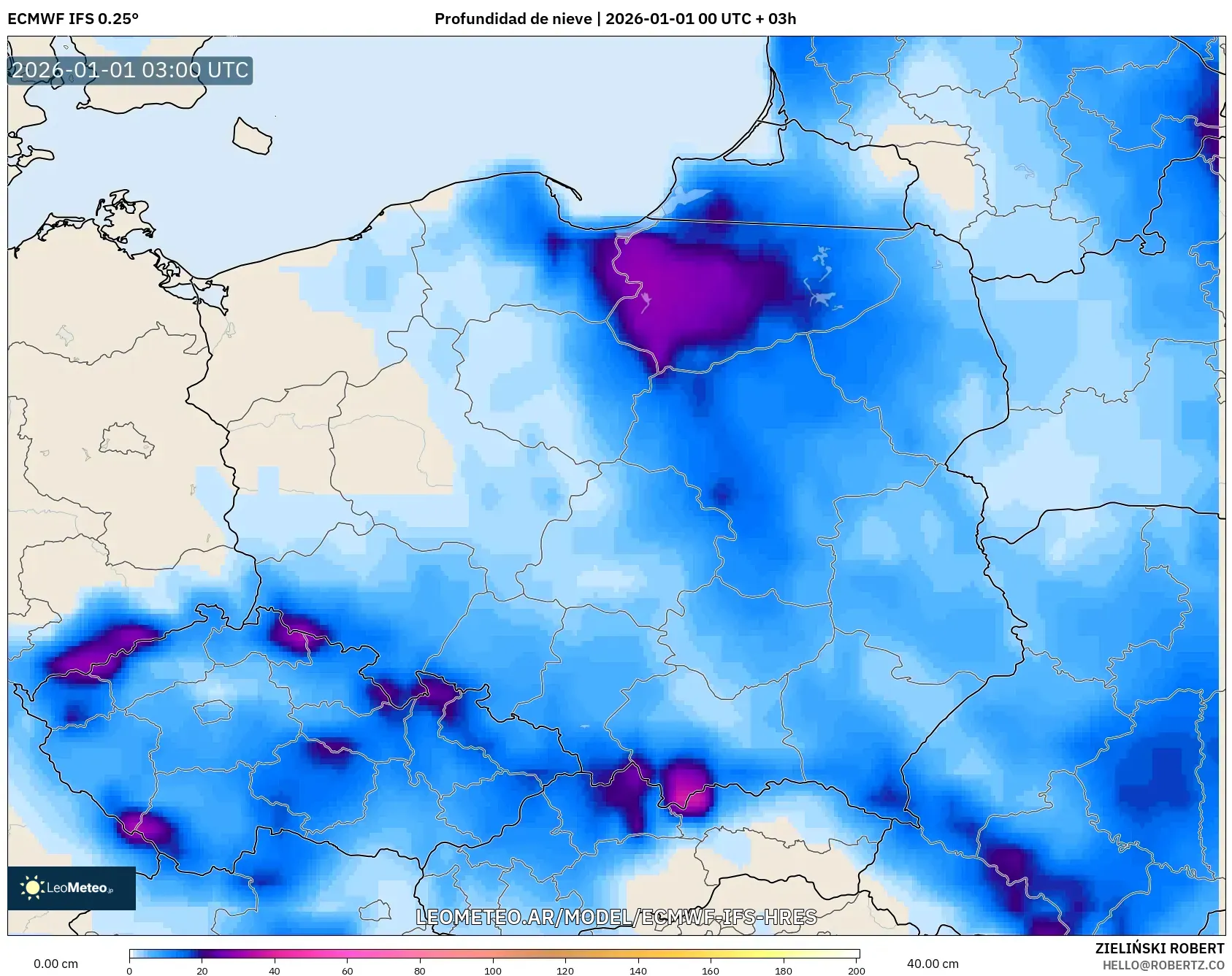 ECMWF IFS 0.25° model - Polonia, Profundidad de nieve