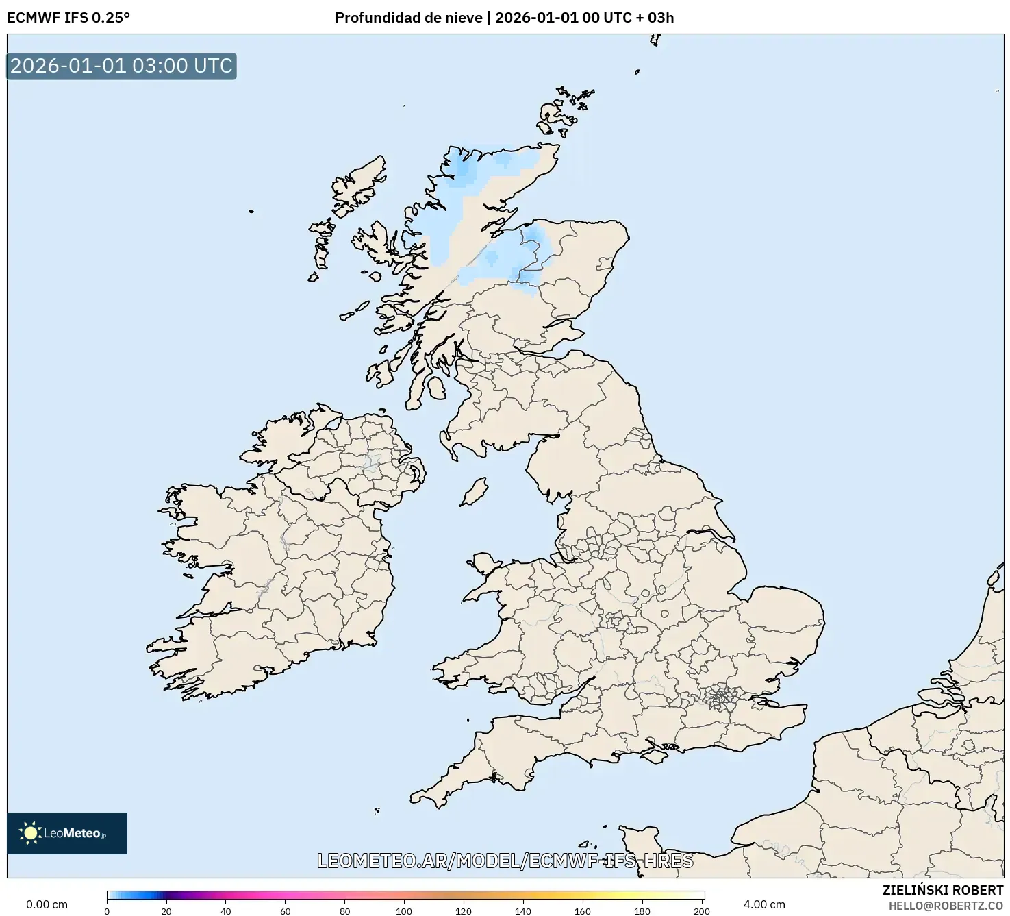 ECMWF IFS 0.25° model - Reino Unido, Profundidad de nieve