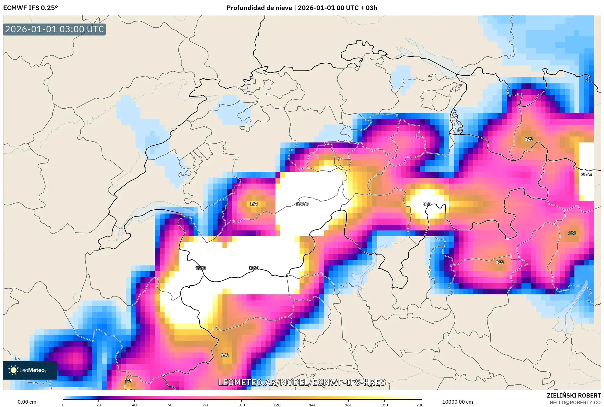 ECMWF IFS 0.25° model - Suiza, Profundidad de nieve