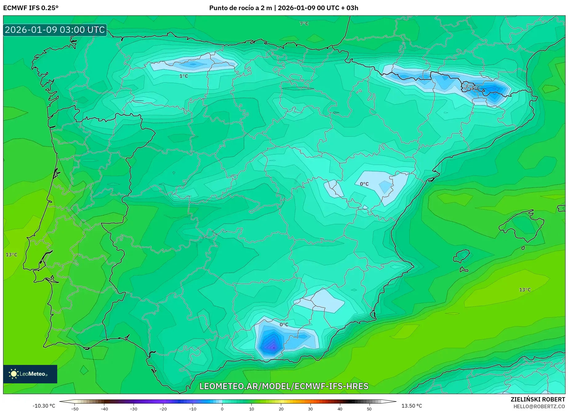 ECMWF IFS 0.25° model - España, Punto de rocío a 2 m