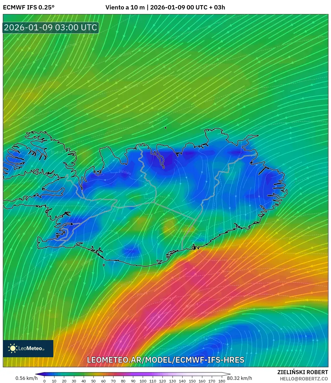 ECMWF IFS 0.25° model - Islandia, Viento a 10 m