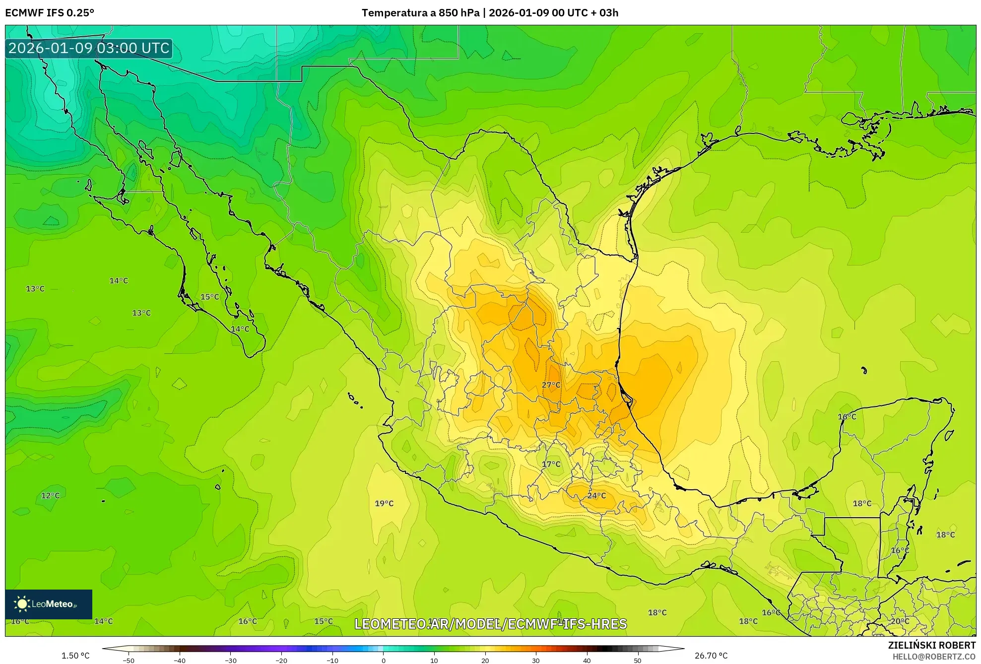 ECMWF IFS 0.25° model - México, Temperatura a 850 hPa