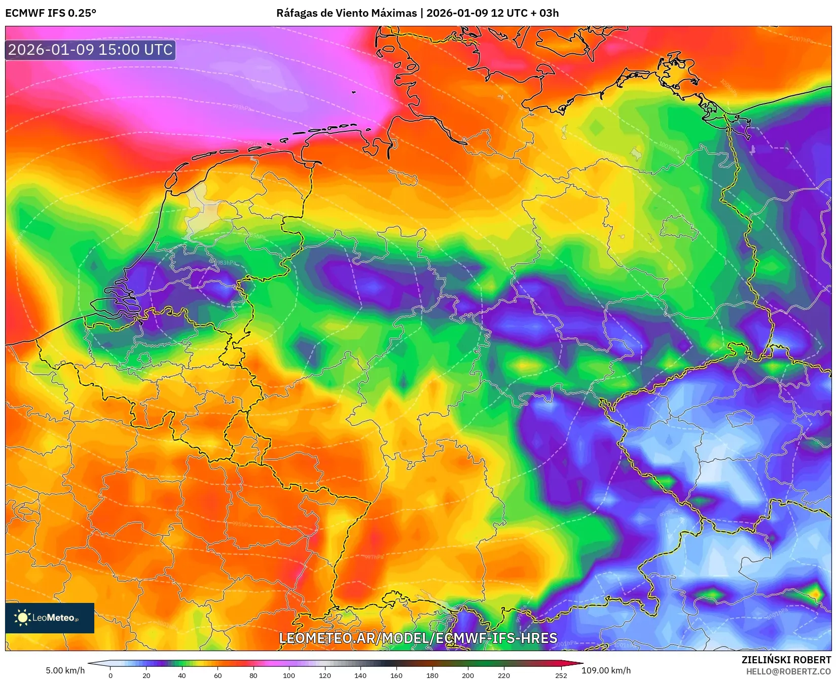 ECMWF IFS 0.25° model - Alemania, Ráfagas de Viento Máximas