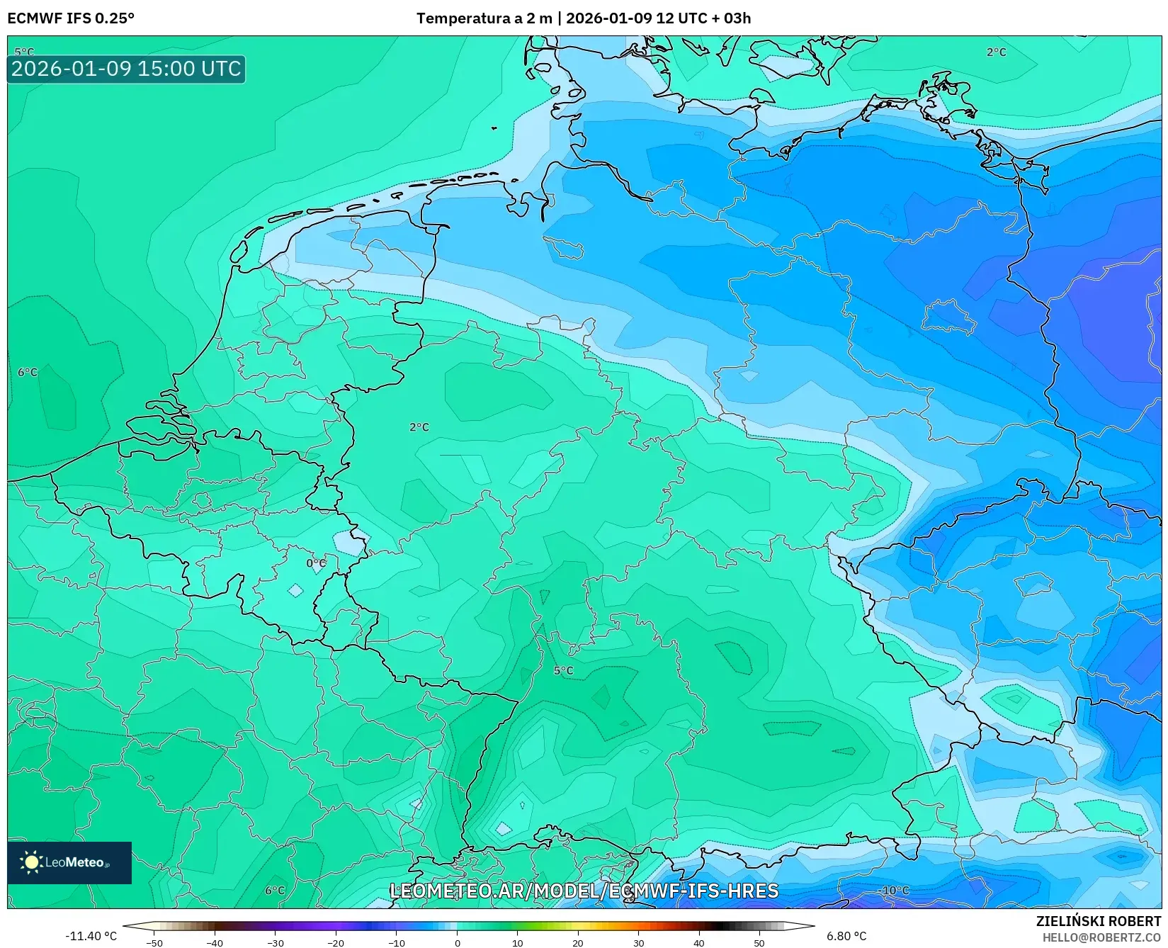 ECMWF IFS 0.25° model - Alemania, Temperatura a 2 m