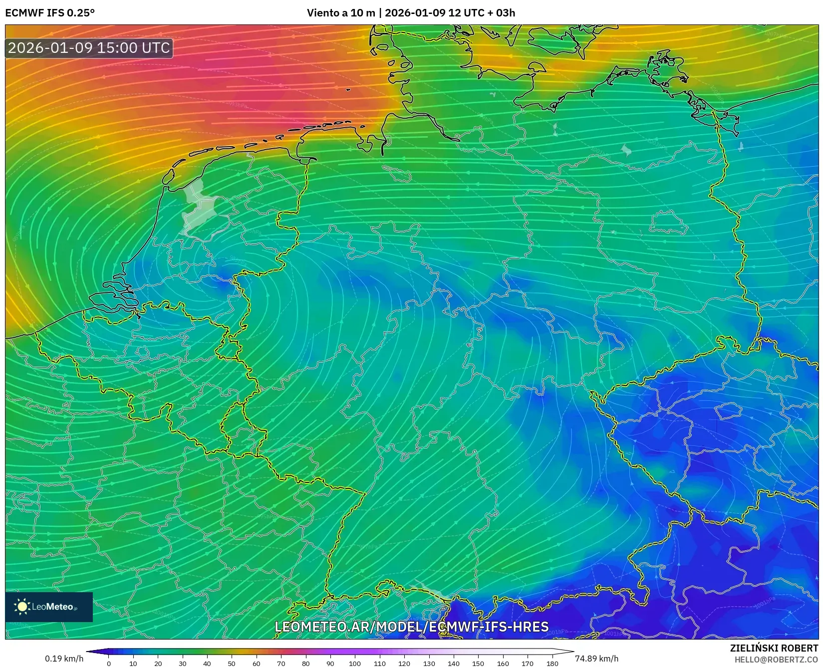ECMWF IFS 0.25° model - Alemania, Viento a 10 m