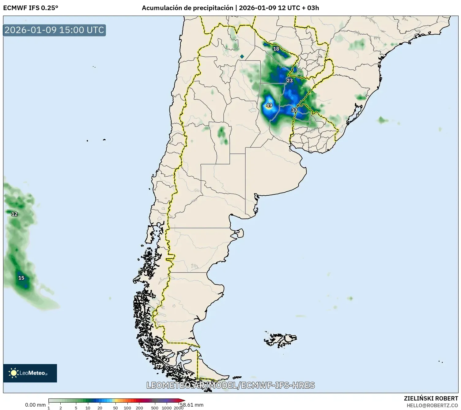 ECMWF IFS 0.25° model - Argentina, Acumulación de precipitación