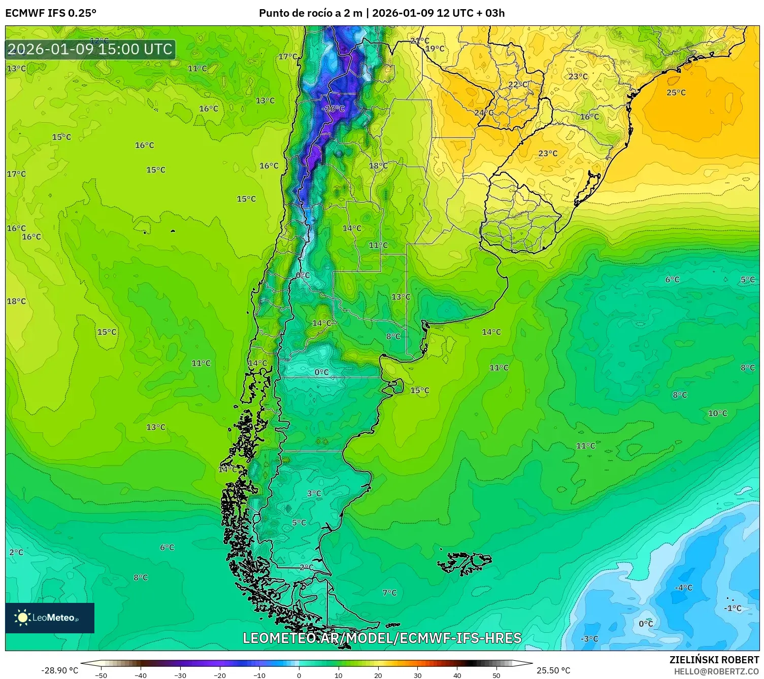 ECMWF IFS 0.25° model - Argentina, Punto de rocío a 2 m