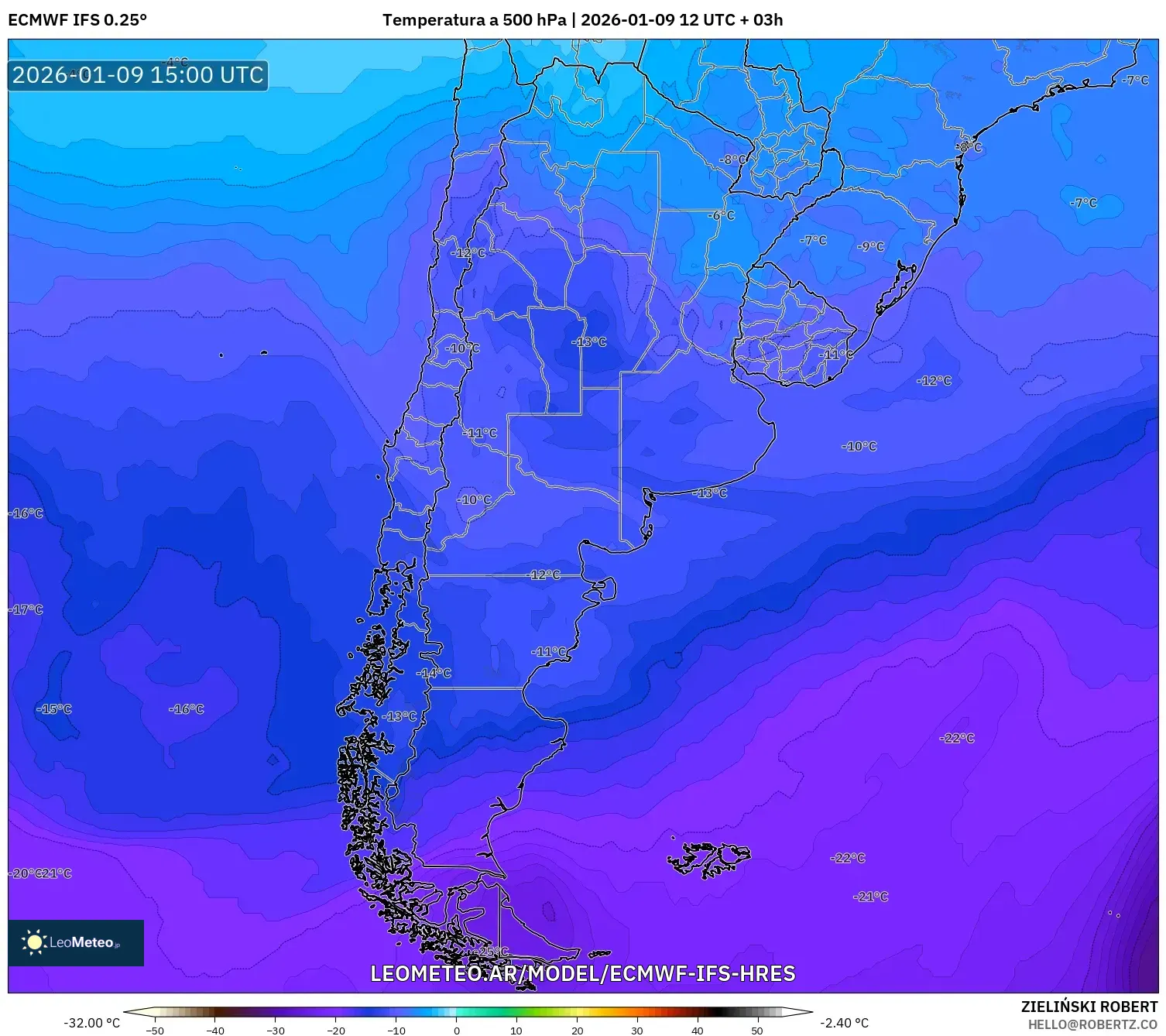ECMWF IFS 0.25° model - Argentina, Temperatura a 500 hPa
