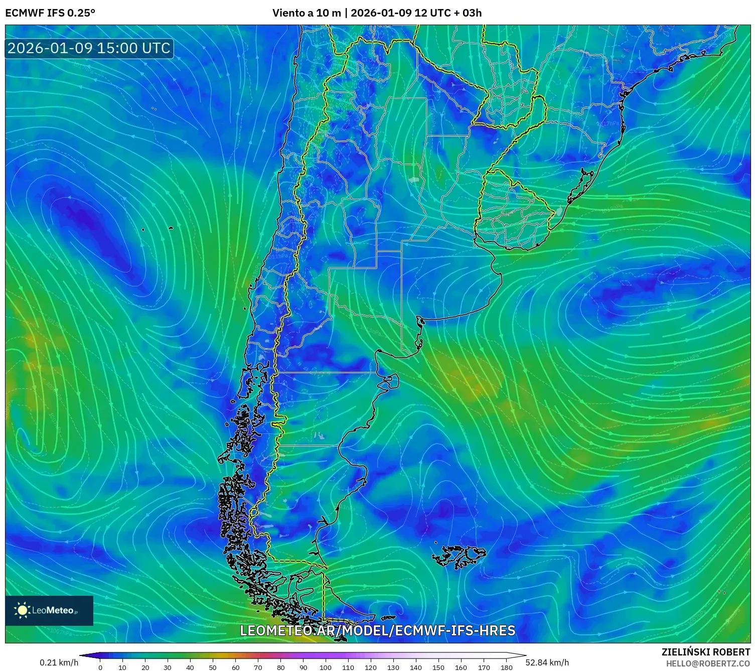 ECMWF IFS 0.25° model - Argentina, Viento a 10 m