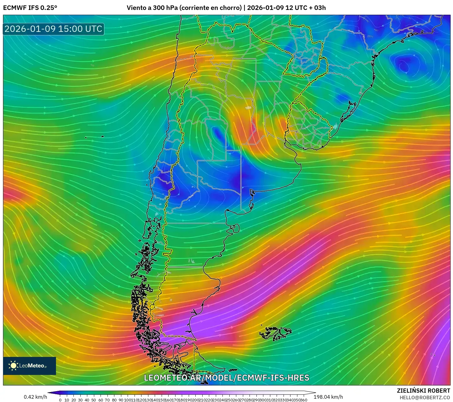 ECMWF IFS 0.25° model - Argentina, Viento a 300 hPa (corriente en chorro)