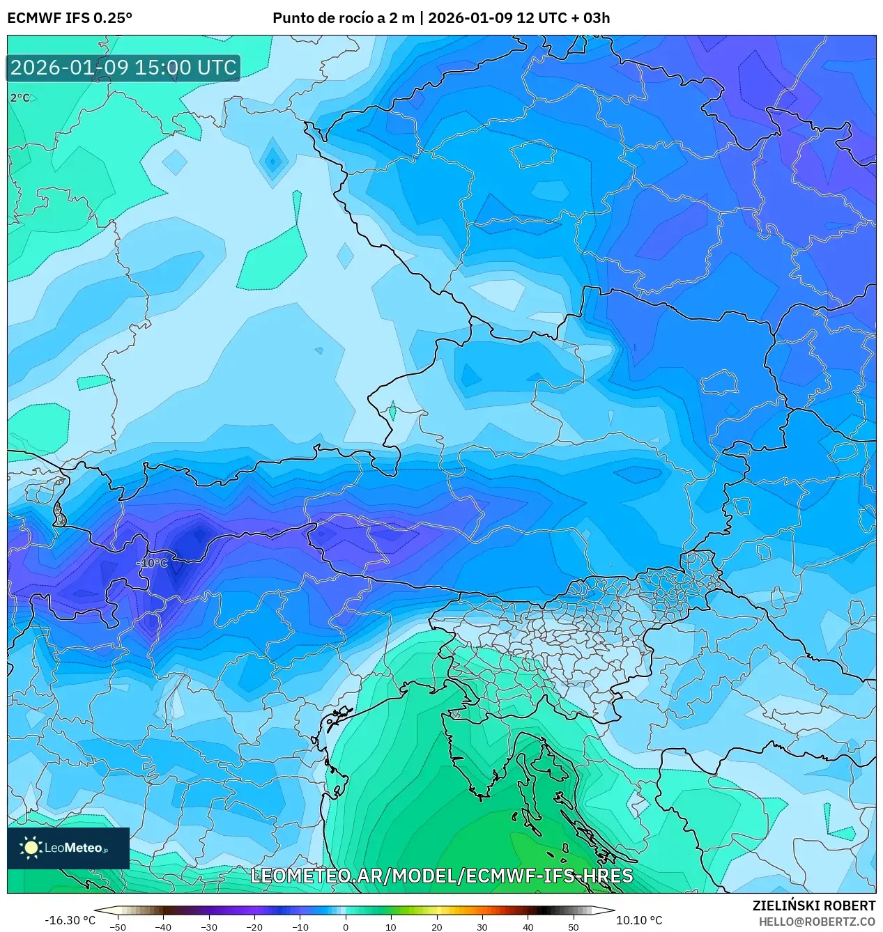 ECMWF IFS 0.25° model - Austria, Punto de rocío a 2 m