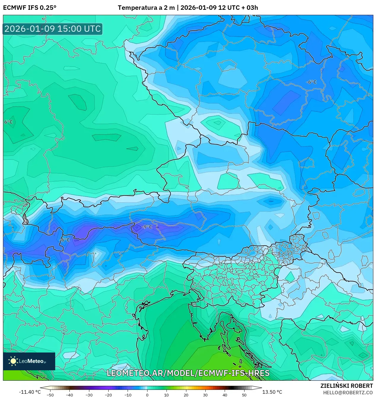 ECMWF IFS 0.25° model - Austria, Temperatura a 2 m