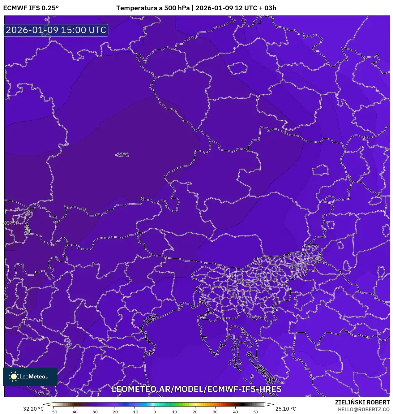 ECMWF IFS 0.25° model - Austria, Temperatura a 500 hPa