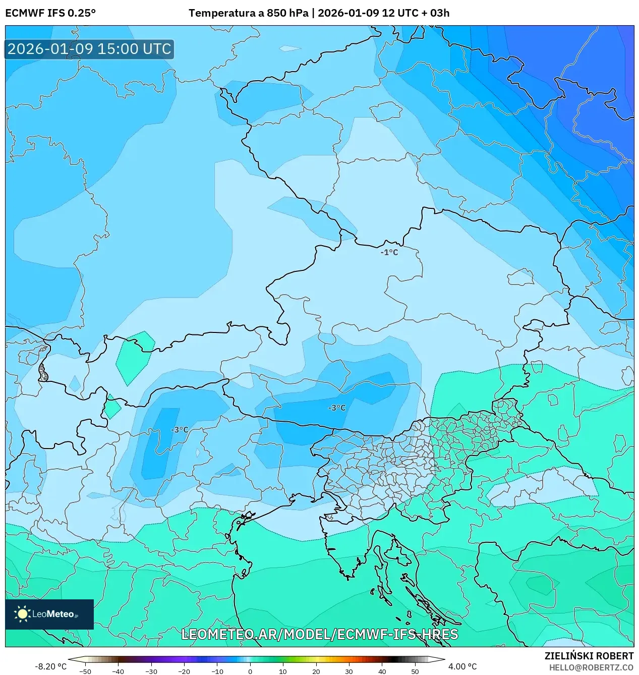 ECMWF IFS 0.25° model - Austria, Temperatura a 850 hPa
