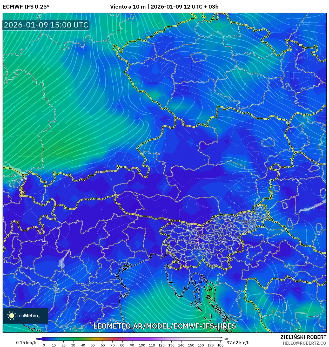 ECMWF IFS 0.25° model - Austria, Viento a 10 m