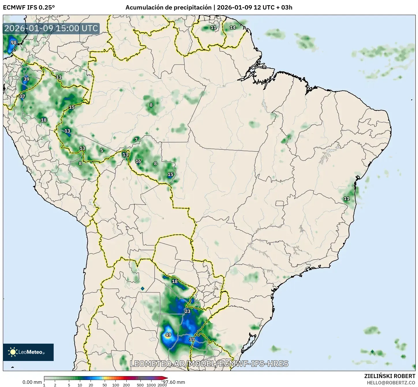 ECMWF IFS 0.25° model - Brasil, Acumulación de precipitación