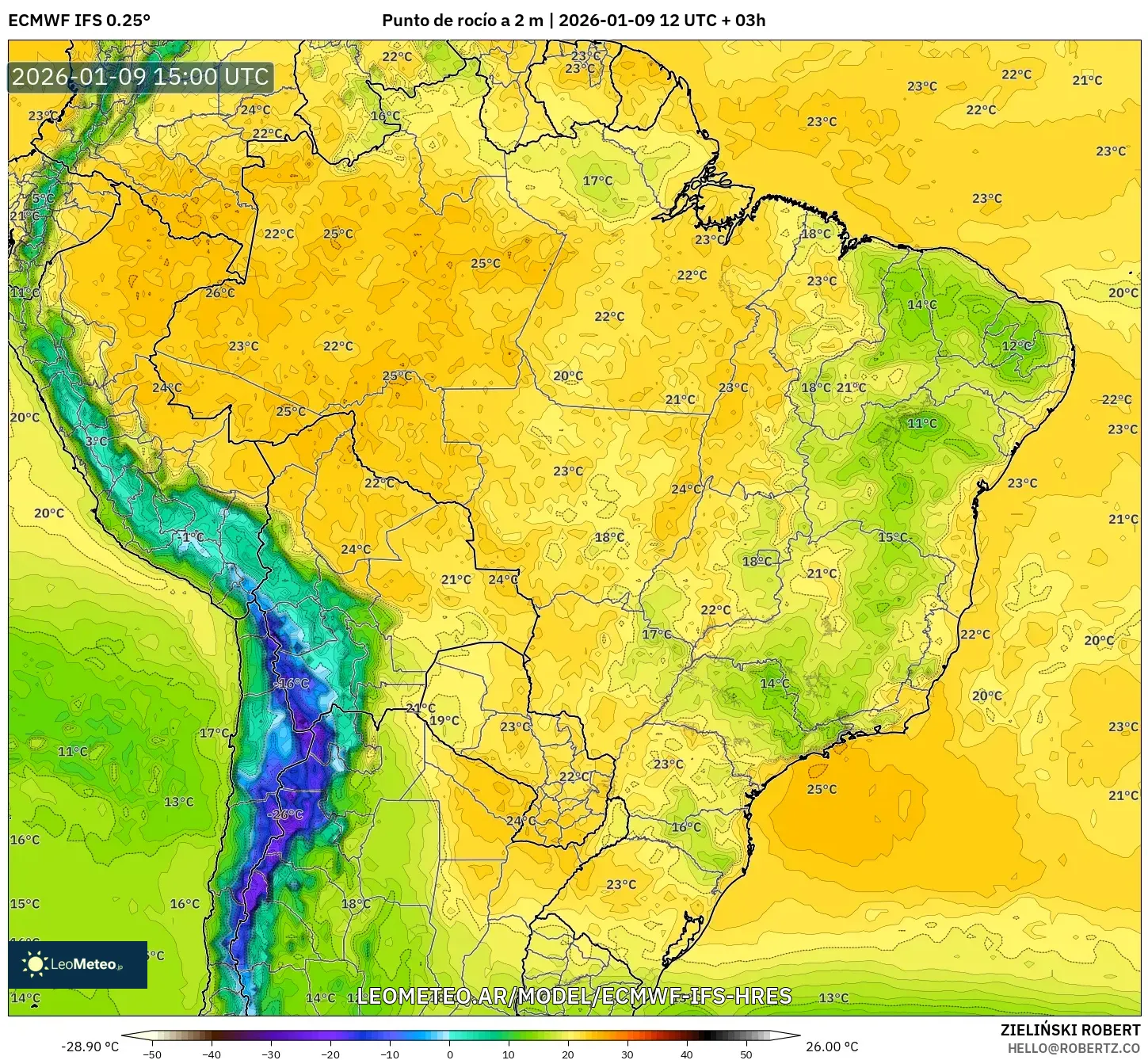 ECMWF IFS 0.25° model - Brasil, Punto de rocío a 2 m