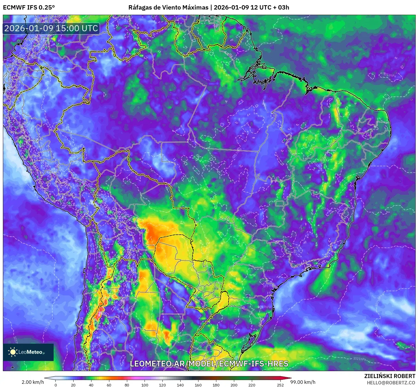 ECMWF IFS 0.25° model - Brasil, Ráfagas de Viento Máximas