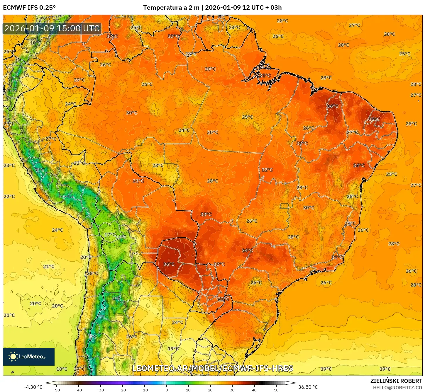 ECMWF IFS 0.25° model - Brasil, Temperatura a 2 m