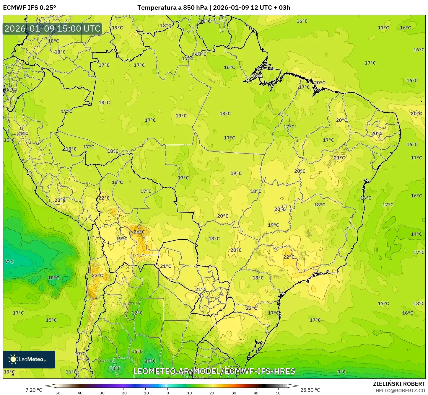 ECMWF IFS 0.25° model - Brasil, Temperatura a 850 hPa