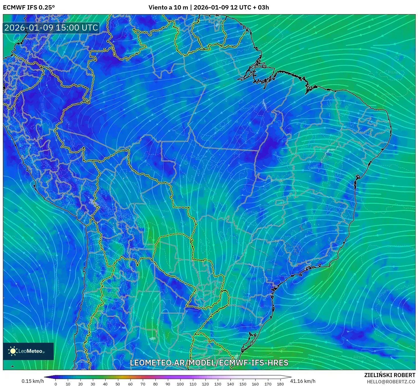 ECMWF IFS 0.25° model - Brasil, Viento a 10 m