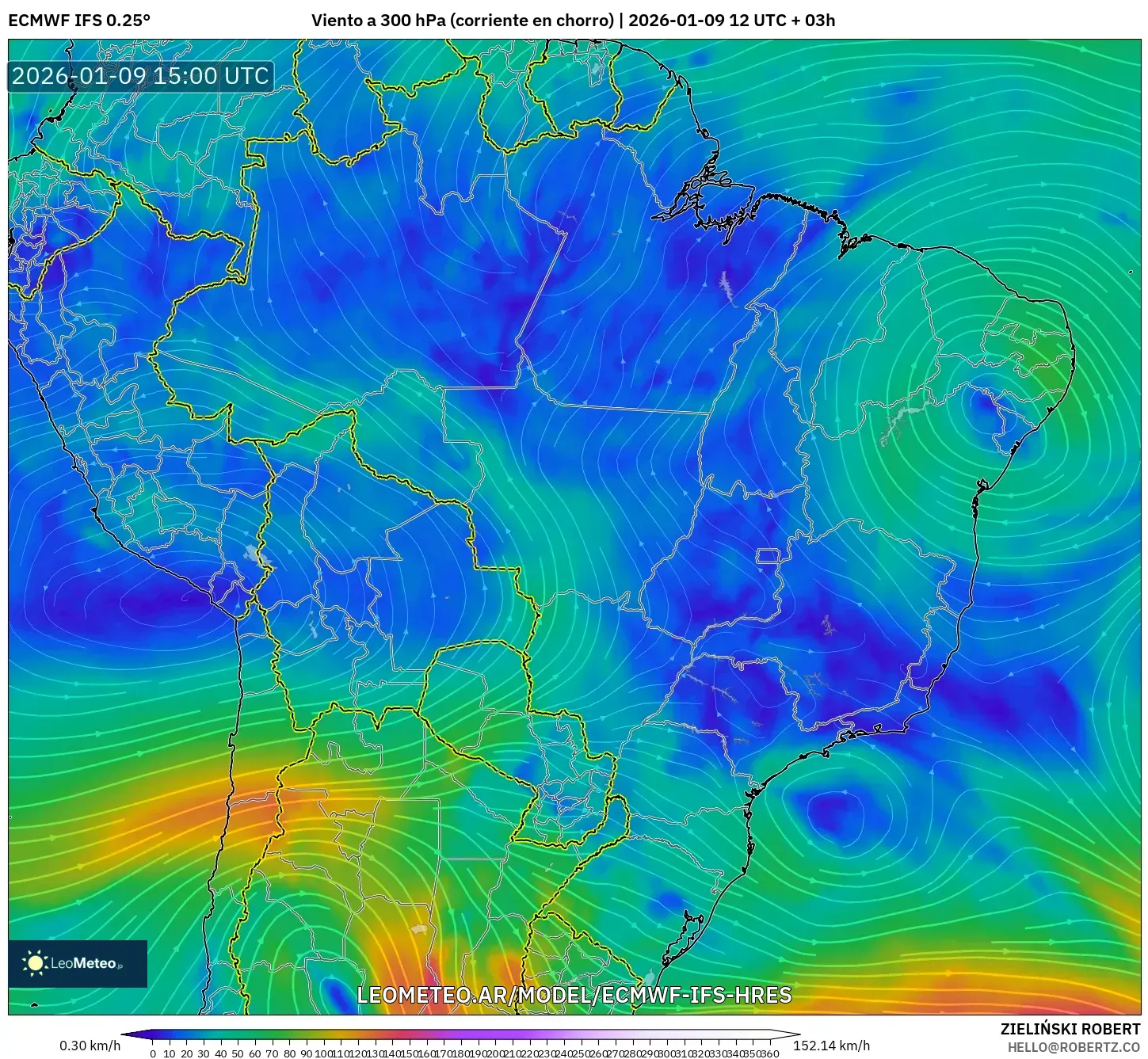 ECMWF IFS 0.25° model - Brasil, Viento a 300 hPa (corriente en chorro)