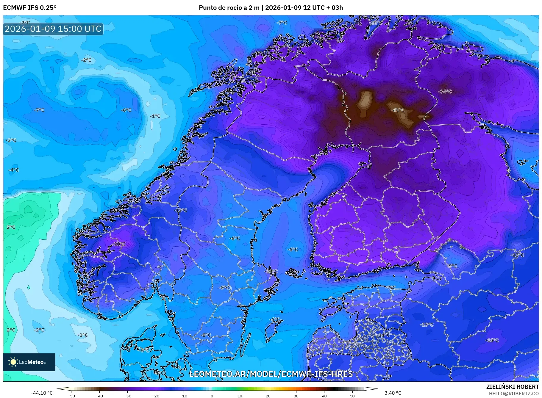 ECMWF IFS 0.25° model - Escandinavia, Punto de rocío a 2 m