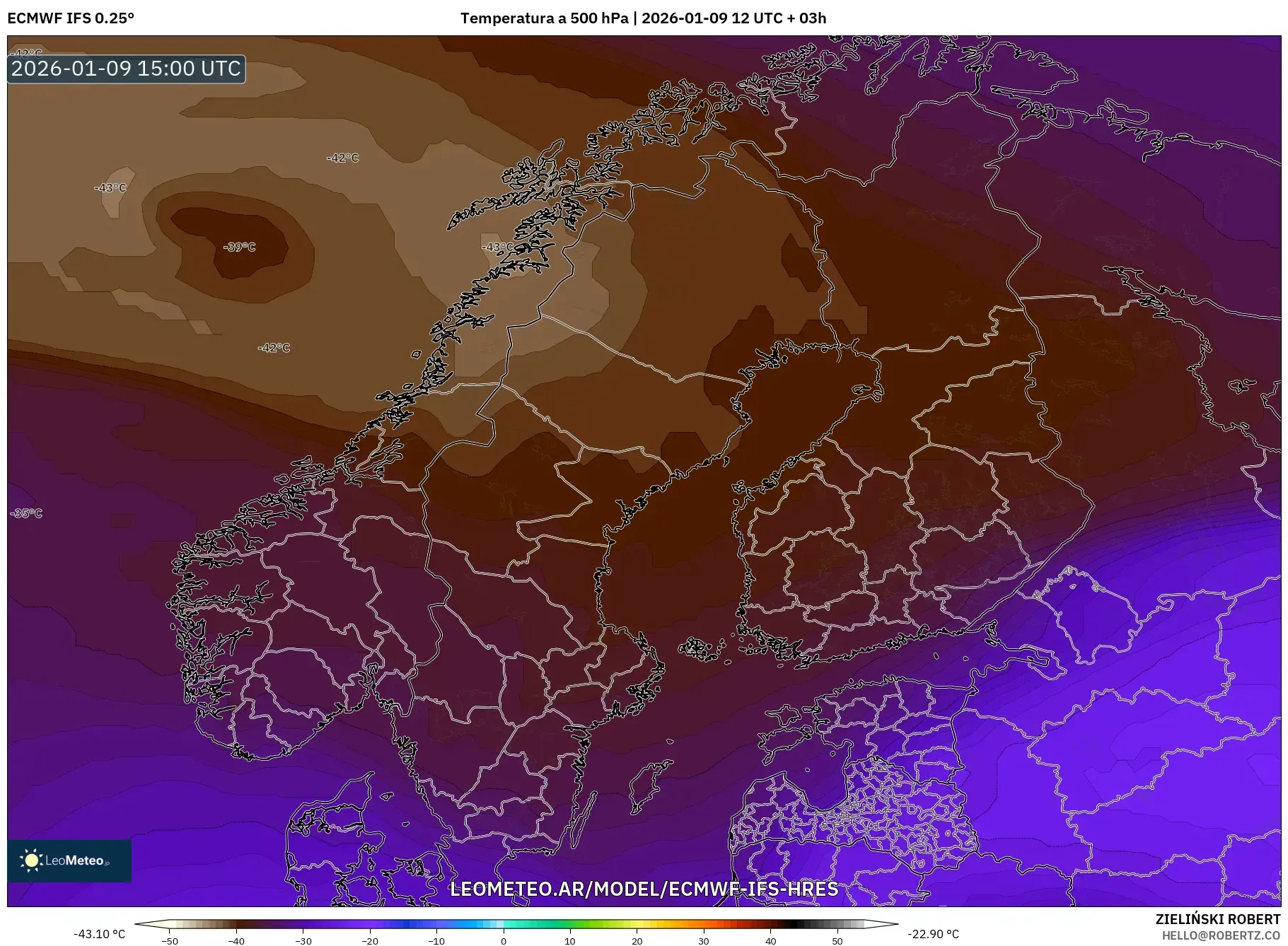 ECMWF IFS 0.25° model - Escandinavia, Temperatura a 500 hPa