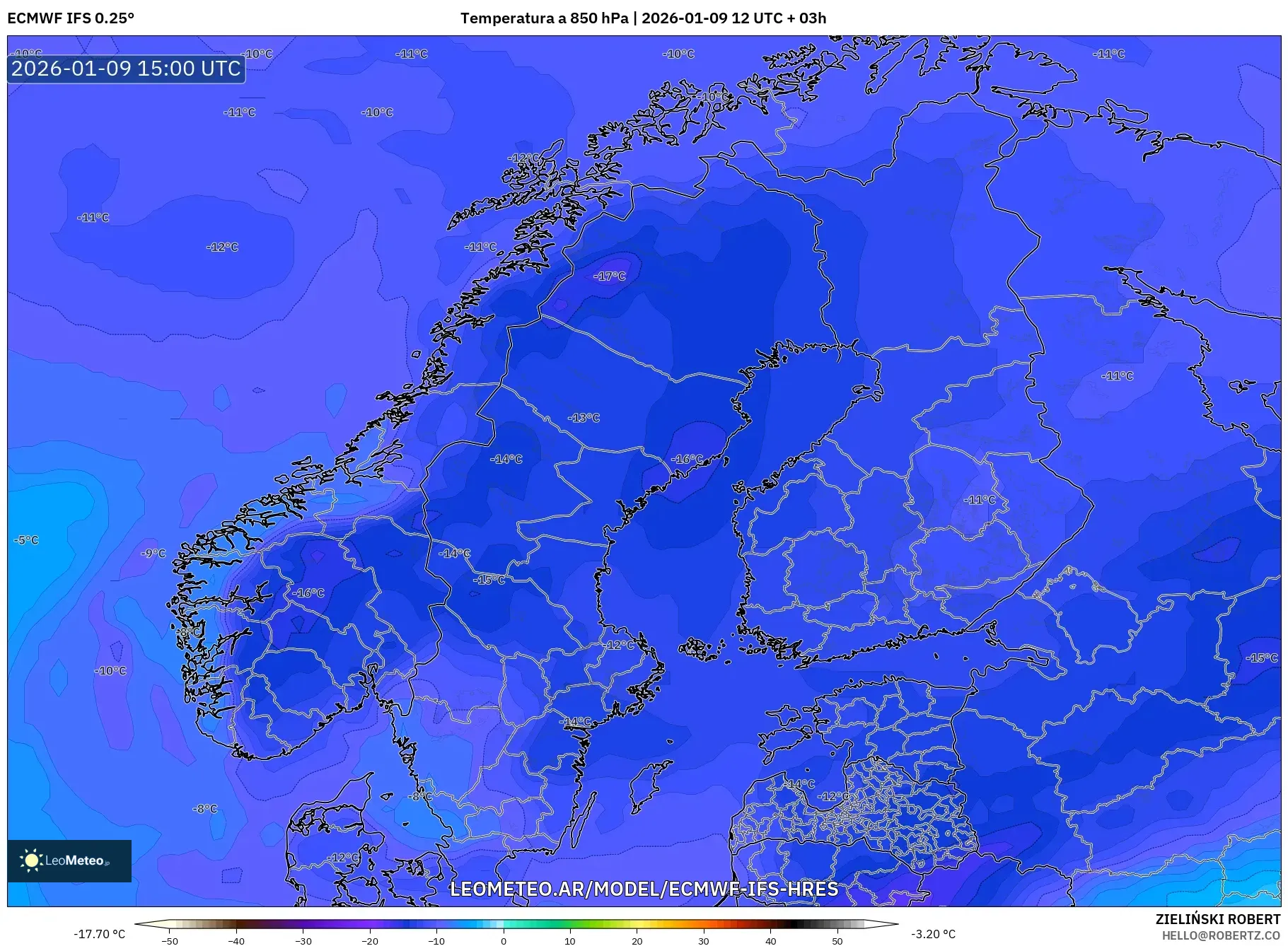 ECMWF IFS 0.25° model - Escandinavia, Temperatura a 850 hPa
