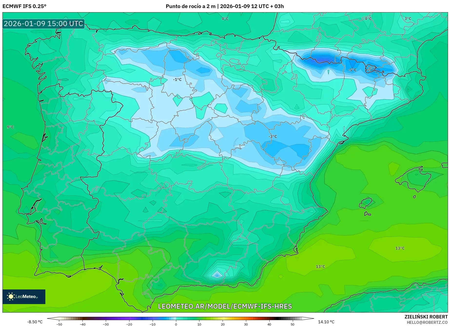 ECMWF IFS 0.25° model - España, Punto de rocío a 2 m