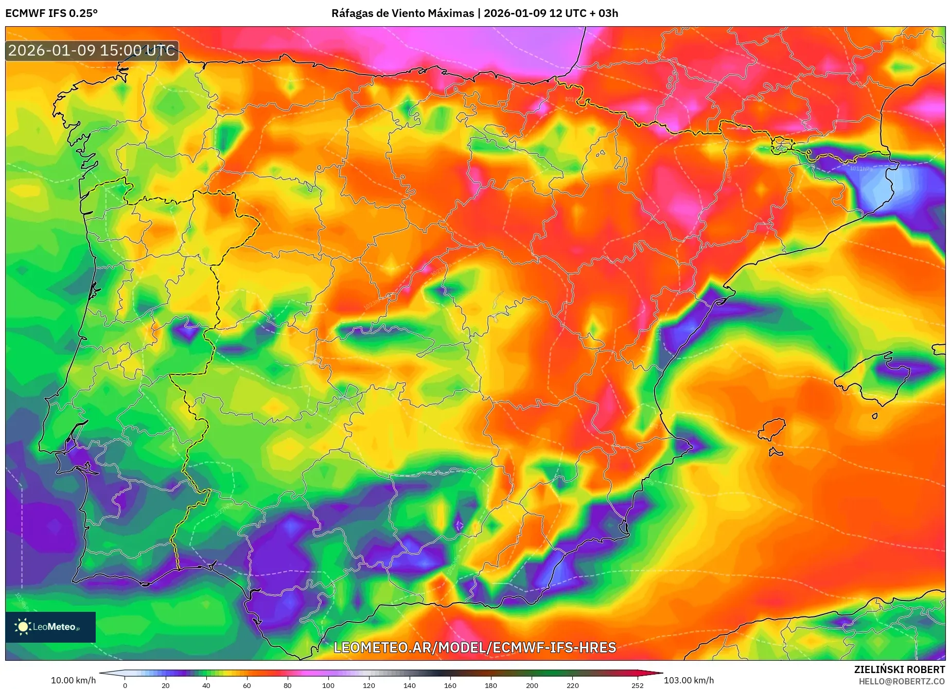 ECMWF IFS 0.25° model - España, Ráfagas de Viento Máximas
