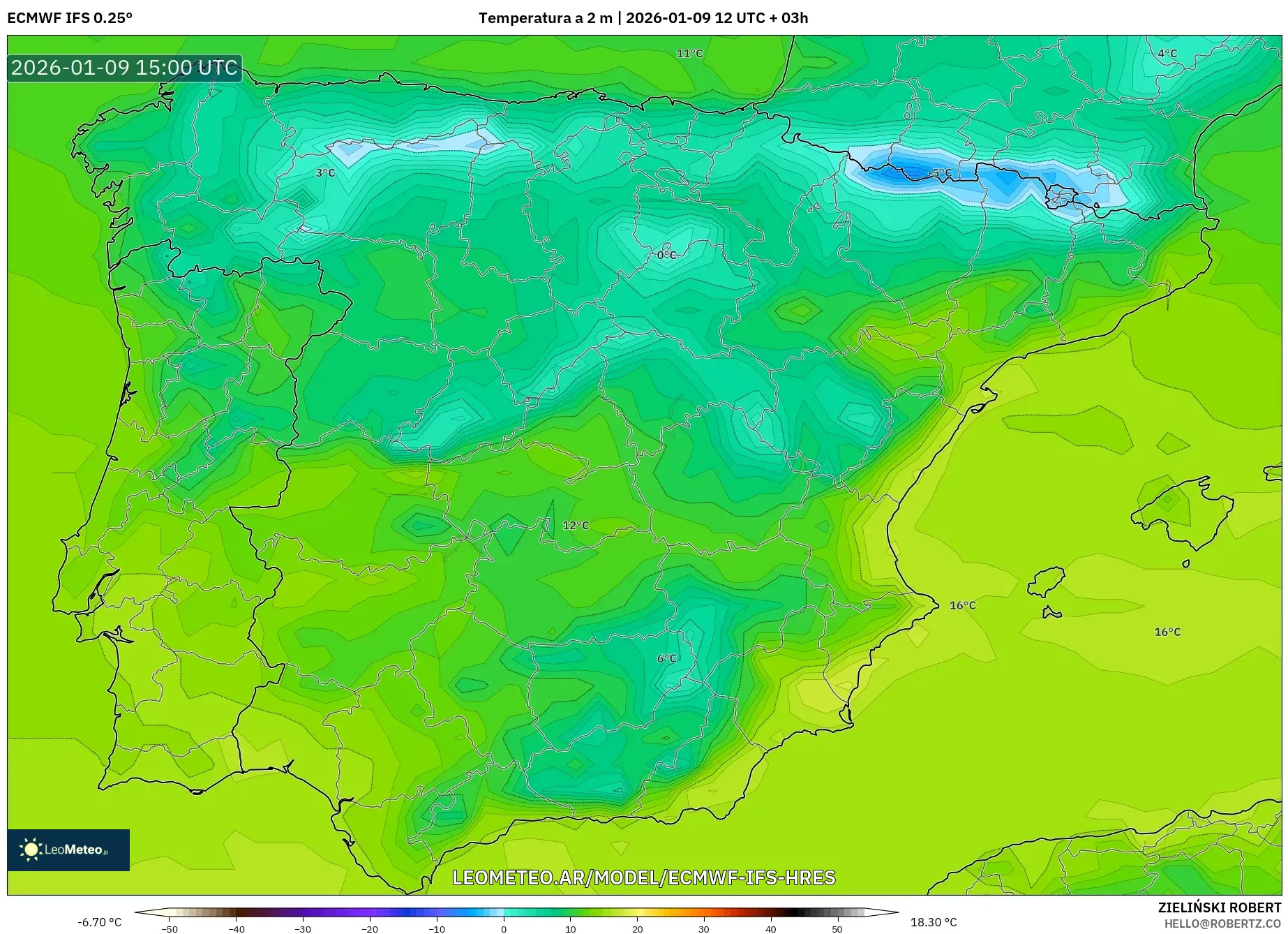 ECMWF IFS 0.25° model - España, Temperatura a 2 m