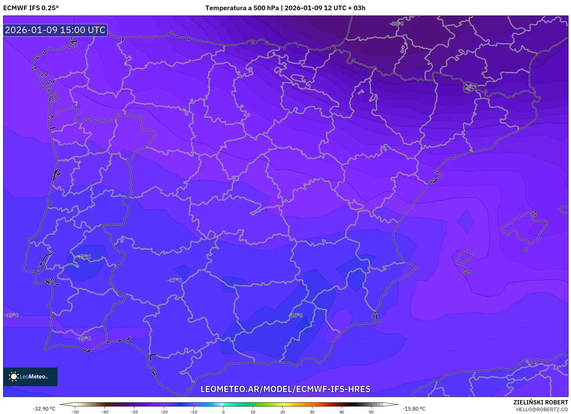 ECMWF IFS 0.25° model - España, Temperatura a 500 hPa
