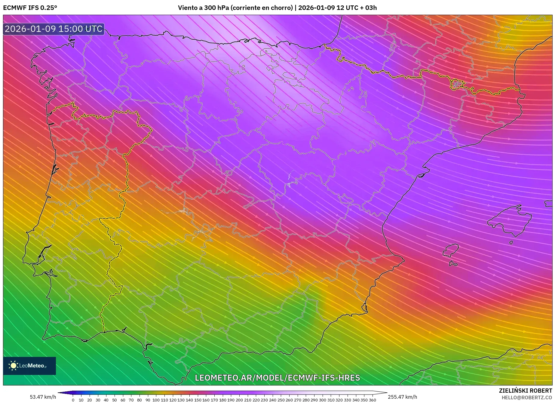 ECMWF IFS 0.25° model - España, Viento a 300 hPa (corriente en chorro)