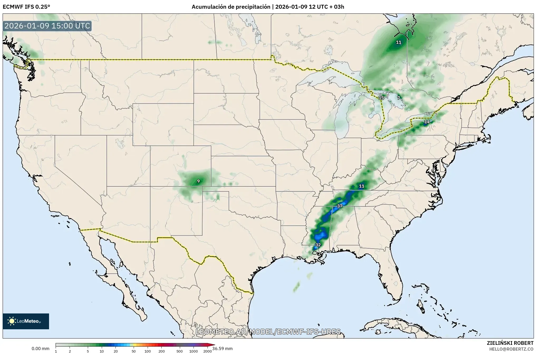 ECMWF IFS 0.25° model - Estados Unidos, Acumulación de precipitación