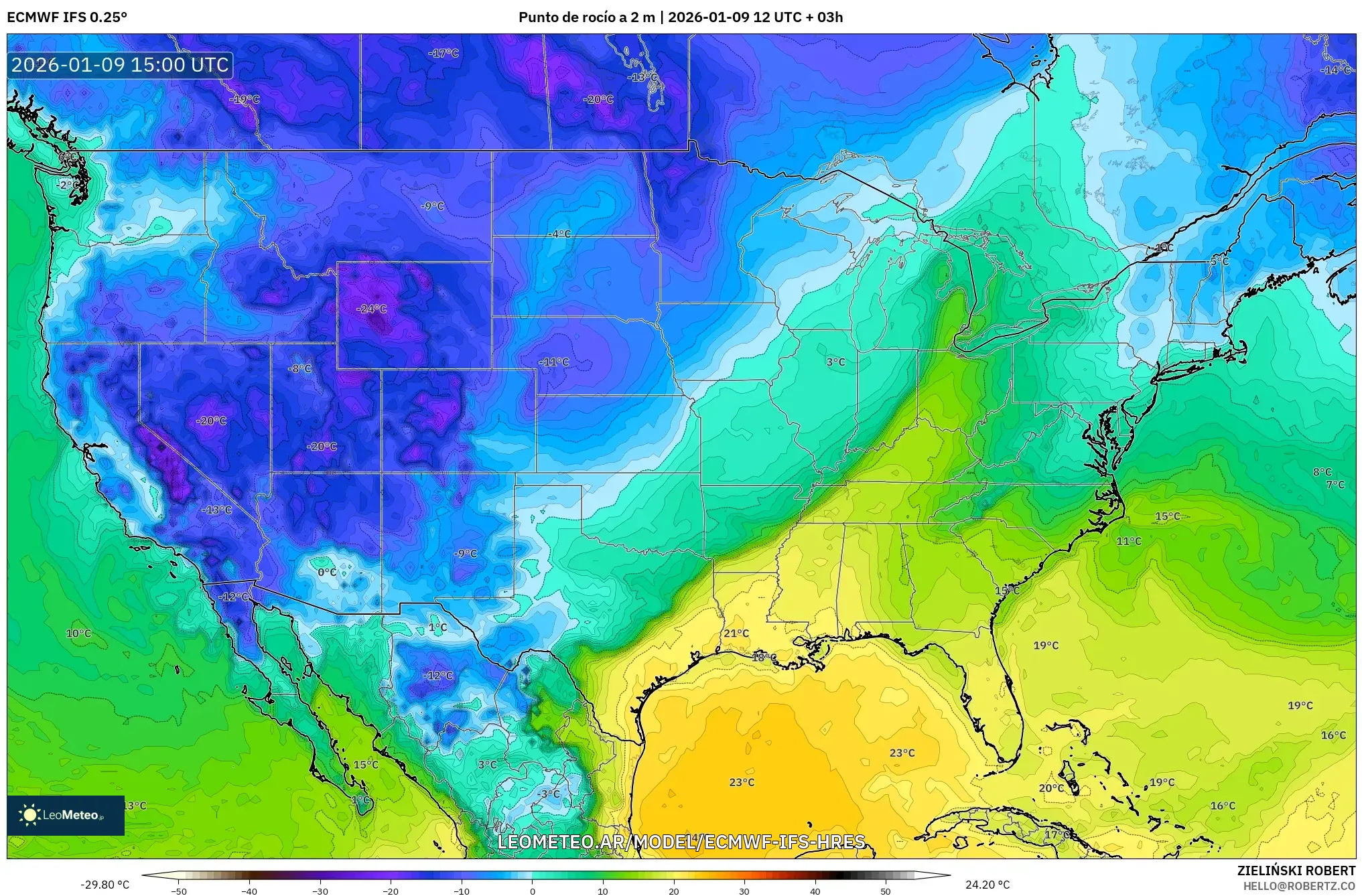ECMWF IFS 0.25° model - Estados Unidos, Punto de rocío a 2 m