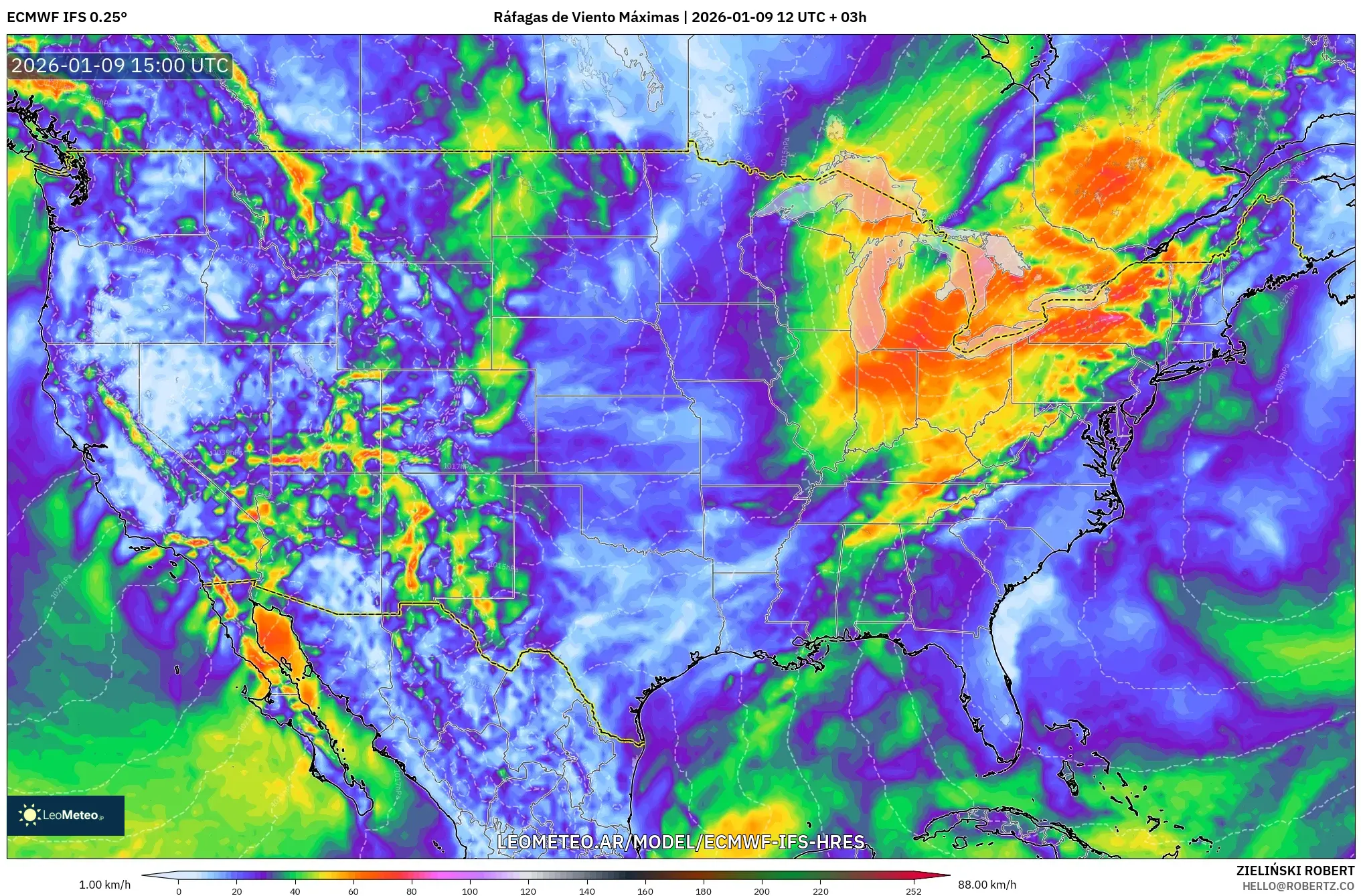 ECMWF IFS 0.25° model - Estados Unidos, Ráfagas de Viento Máximas