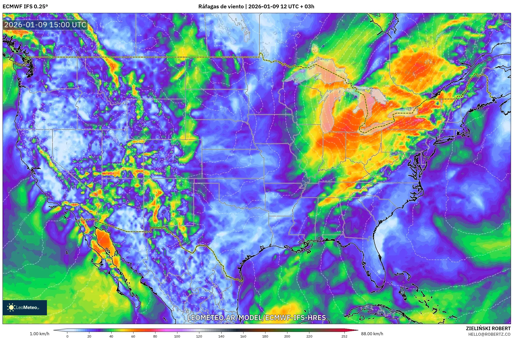 ECMWF IFS 0.25° model - Estados Unidos, Ráfagas de viento