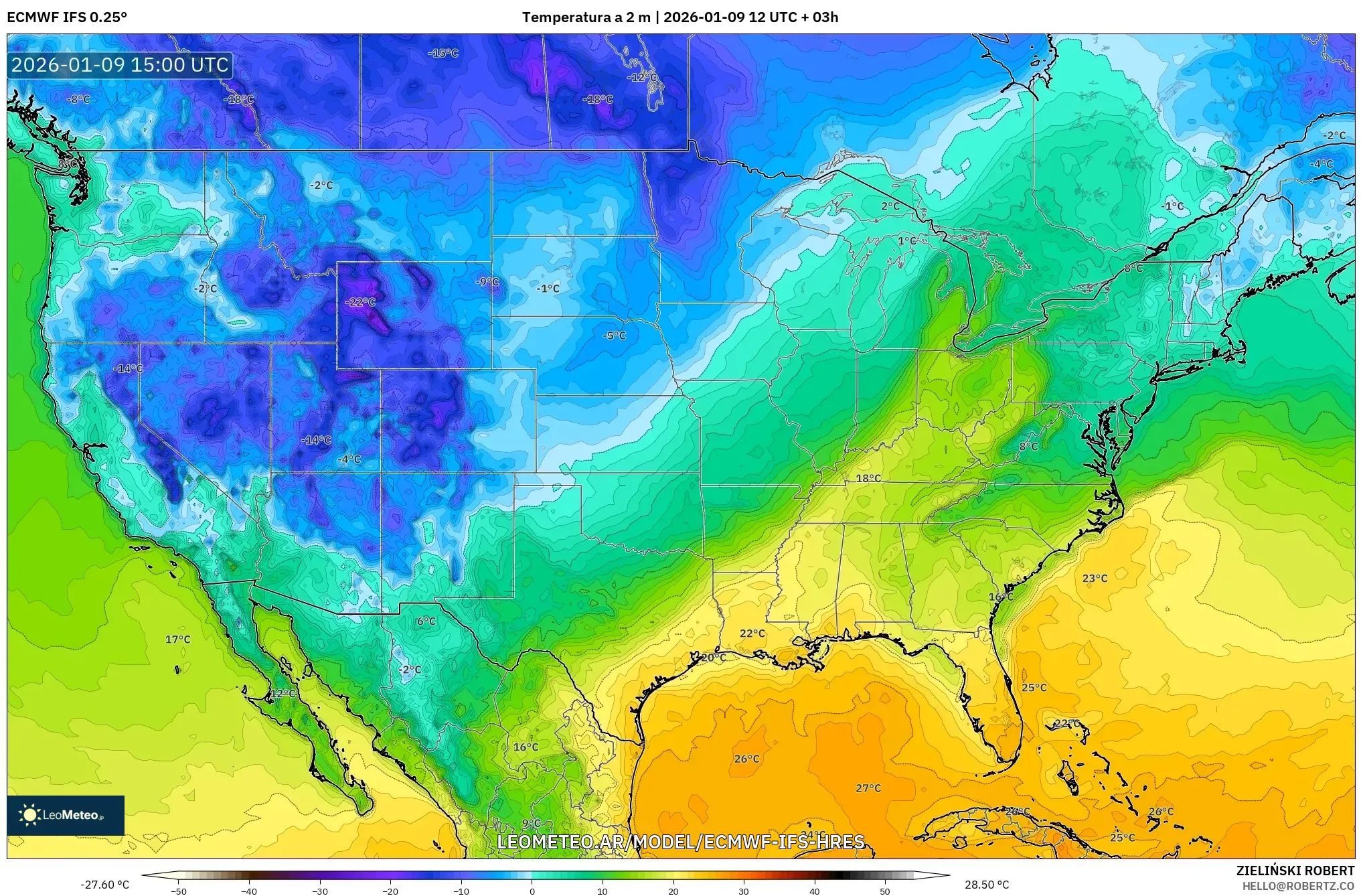 ECMWF IFS 0.25° model - Estados Unidos, Temperatura a 2 m
