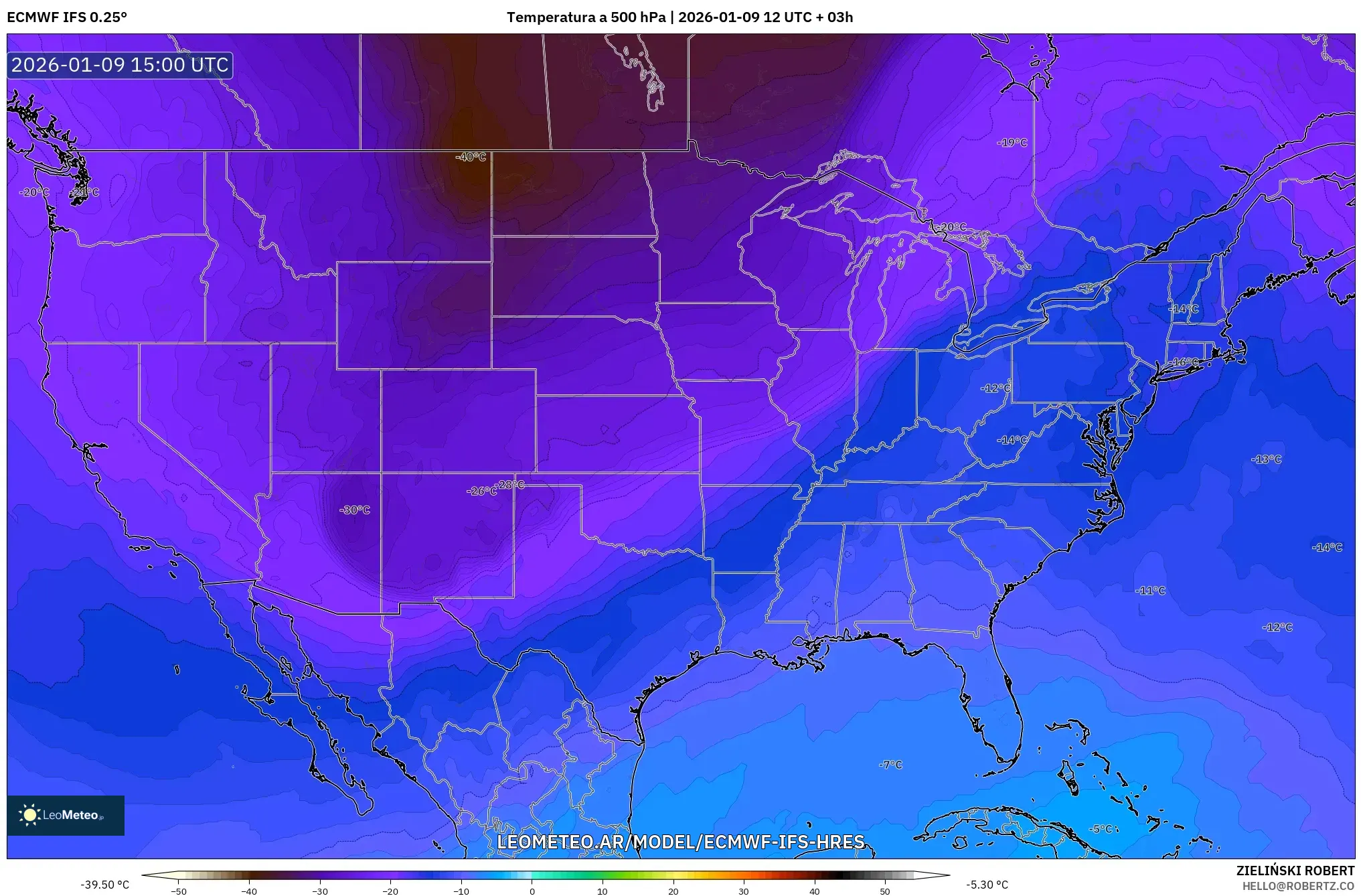 ECMWF IFS 0.25° model - Estados Unidos, Temperatura a 500 hPa