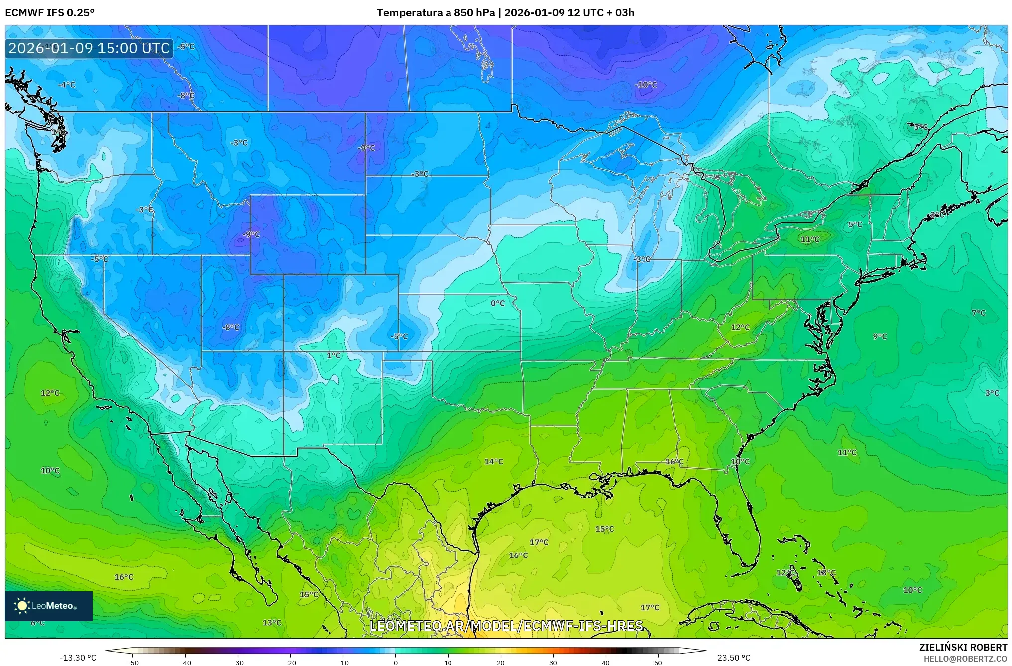 ECMWF IFS 0.25° model - Estados Unidos, Temperatura a 850 hPa