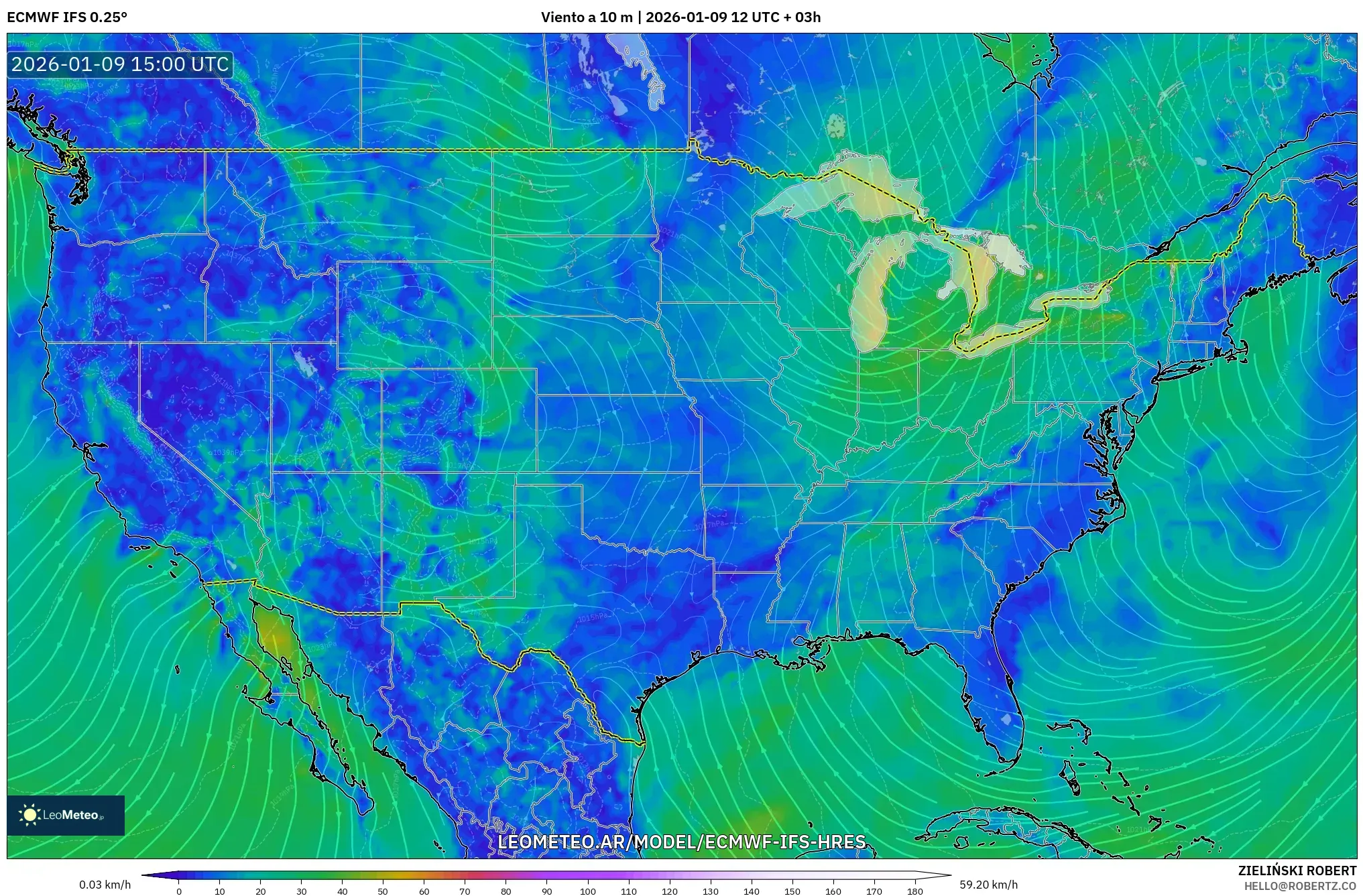 ECMWF IFS 0.25° model - Estados Unidos, Viento a 10 m