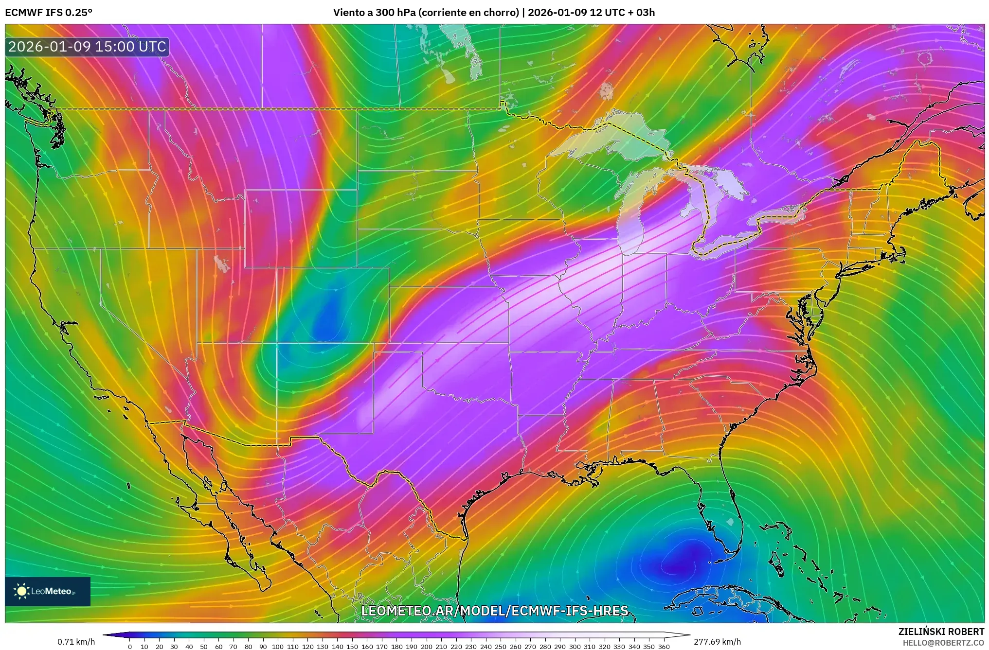 ECMWF IFS 0.25° model - Estados Unidos, Viento a 300 hPa (corriente en chorro)