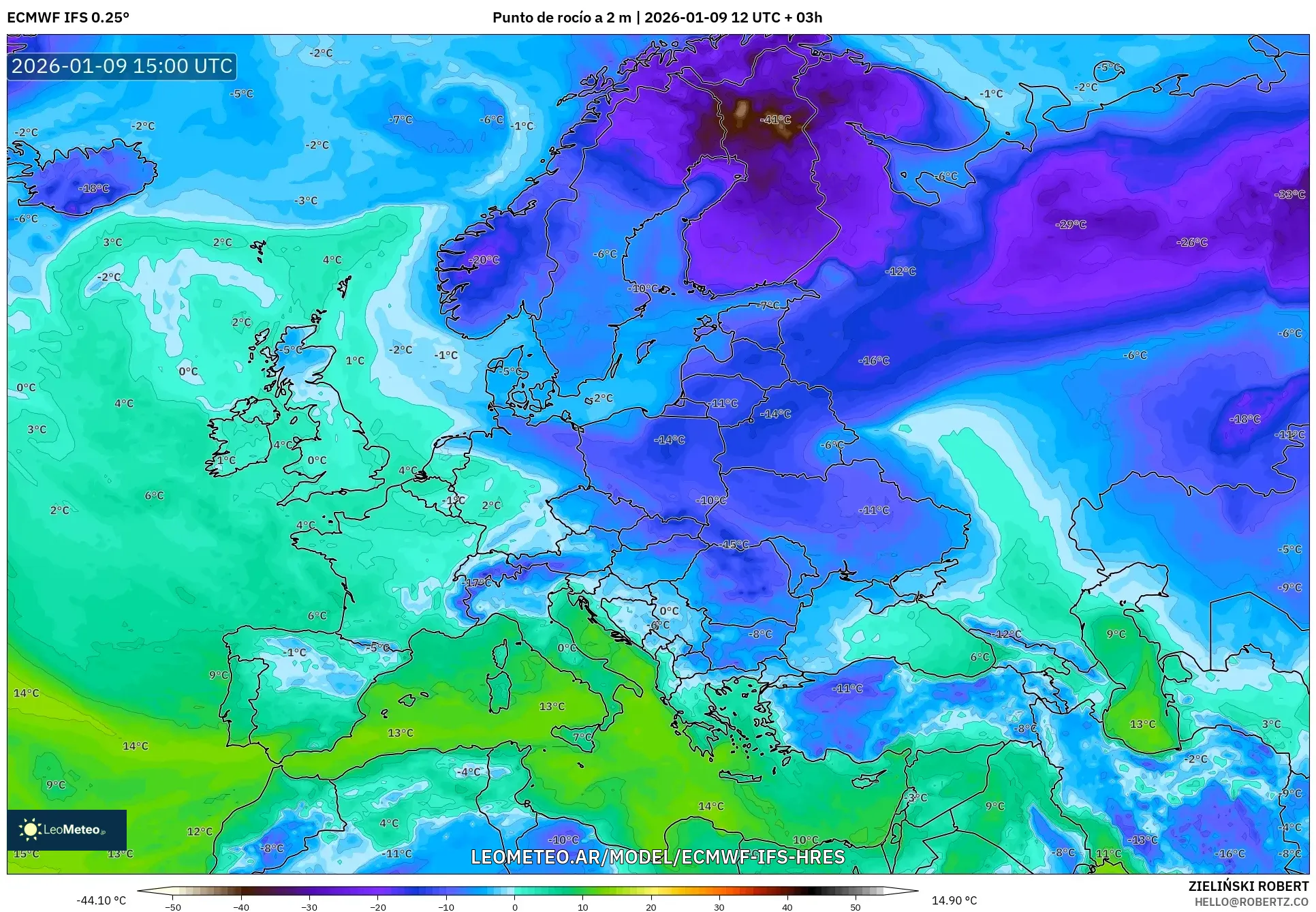ECMWF IFS 0.25° model - Europa, Punto de rocío a 2 m